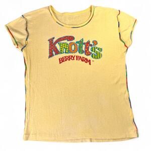 Vintage Knott's Berry Farm Baby Tee Y2K Rainbow Stitching Butter Yellow M L Fade